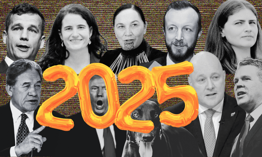 A collage of various people surrounding the bold orange numbers "2025." Each person is shown in black and white, with different expressions and attire, positioned in front of a textured background. There is also a dog in the bottom centre