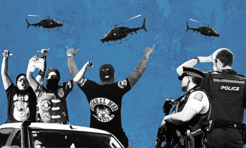 A collage of tattooed individuals raising arms from a car, with three helicopters above, observed by two armed police officers with "Police" on their uniforms, set against a blue textured background.