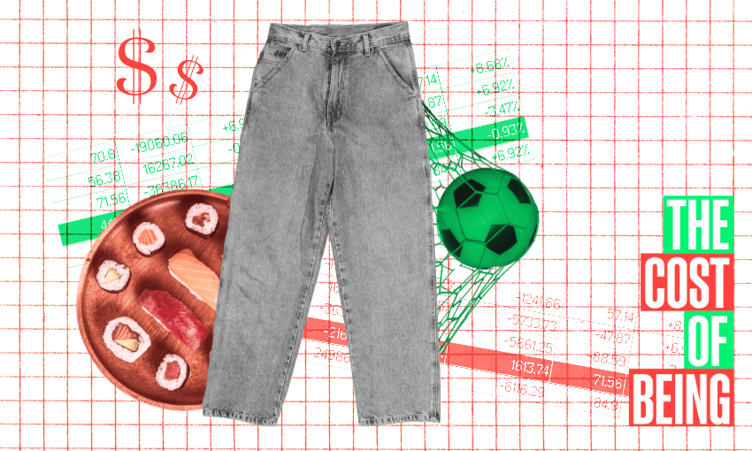 A visual collage features a pair of gray jeans centered on a background with graphs and numbers. To the left, a wooden plate of sushi is shown, and to the right, a green soccer ball. The text "THE COST OF BEING" appears in green and red.