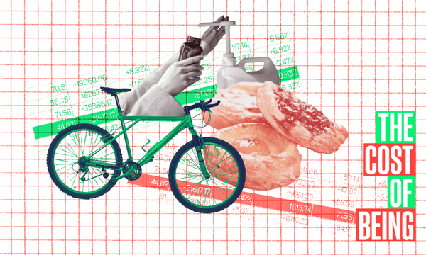 A collage featuring a green bicycle, pastries and a hand filling a small bottle from a large pump against a background of financial charts. Bold text on the right reads "The Cost of Being" in green and red letters.