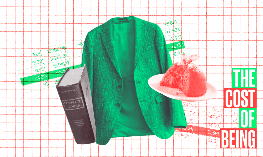 A green blazer, a book labelled "Complete Works by Shakespeare," and a plate with a Christmas pudding are placed in front of a background showing graphs and numbers. The text "The Cost of Being" is on the right.