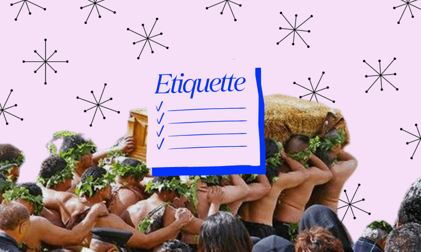 A group of people carrying a large coffin adorned with foliage. The background is pink with abstract black star patterns. A clipboard with the word "Etiquette" and checkmarks appears in the centre.