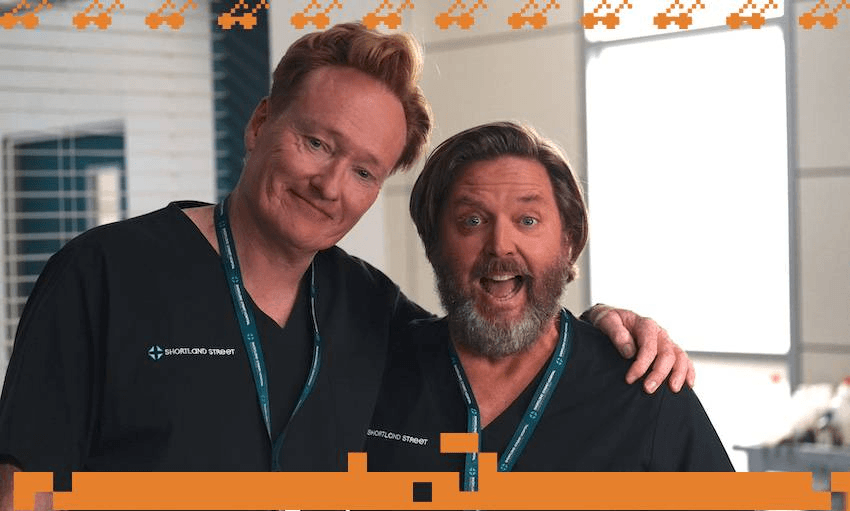 Conan O’Brien and Michael Galvin on the set of Shortland Street (Photo: SPP) 
