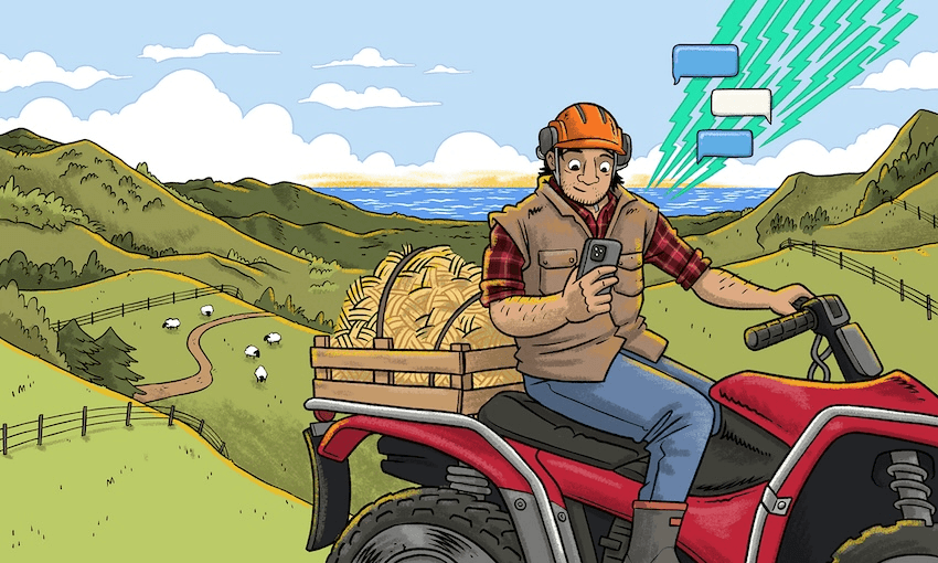 A farmer wearing a safety helmet and vest sits on a red quad bike atop a lush green hill. A wooden crate filled with hay is attached to the bike. The farmer is holding a smartphone, and beams representing connectivity radiate from the device. In the background, rolling hills dotted with sheep extend to the ocean under a bright sky with scattered clouds.