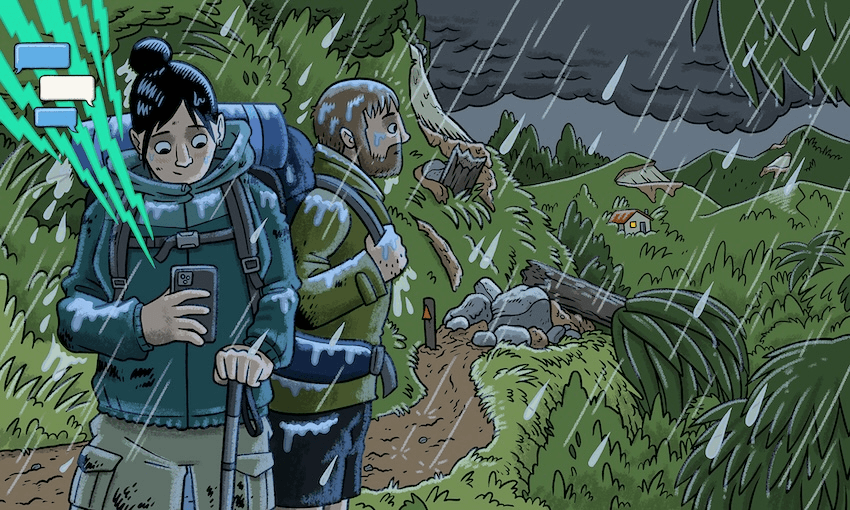 Two hikers are caught in a storm on a forest trail. The woman in the foreground, wearing a raincoat and carrying a large backpack, holds a smartphone with connectivity beams radiating from it. Behind her, a man looks worriedly at the muddy trail, which is littered with fallen trees. The sky is dark with heavy rain, and a small hut with a lit window is visible in the distance.