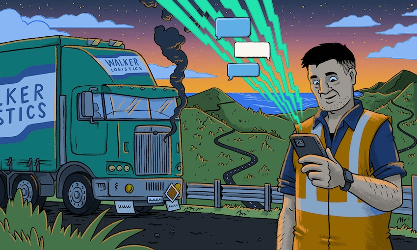 A logistics worker in a reflective vest and smartwatch stands by the roadside at sunset, holding a smartphone with connectivity beams radiating from it. Behind him, a large green truck with "Walker Logistics" branding is parked, emitting smoke from its engine. Rolling hills and a winding road stretch into the background, with the ocean faintly visible under a twilight sky.