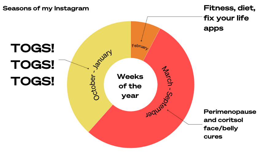 A donut chart titled "Seasons of my Instagram" with segments for October-January in yellow labeled "TOGS! TOGS! TOGS!", February in orange for fitness apps, and March-September in red for perimenopause and cortisol remedies.