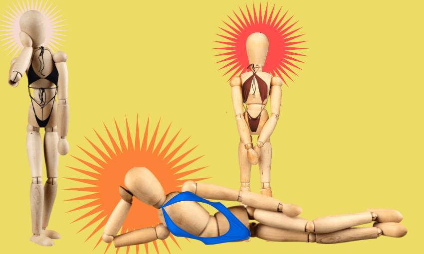 Three wooden mannequins in skimpy swimsuits pose against a bright yellow background, each with a sun-like aura behind them. One stands with a hand on their hip, another kneels, and the third reclines on the ground.