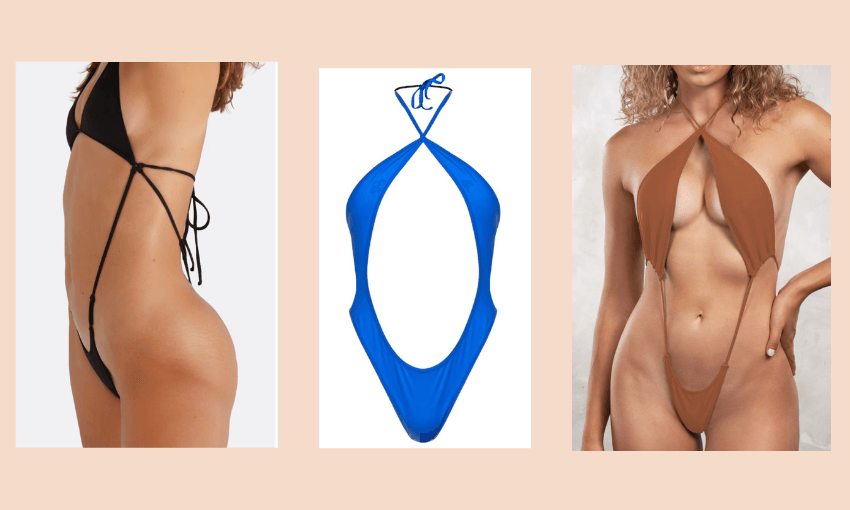 Three images of revealing swimsuits: a side-profile black bikini with thin ties, a blue monokini with a central cutout and halter neck, and a brown monokini with a deep V-cut and thin straps.