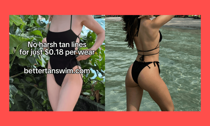 Two images of a person in a black swimsuit. The text on the left image says "No harsh tan lines for just $0.18 per wear bettertanswim.com." The right image shows the person from the back standing in shallow water. Both images have a red border.