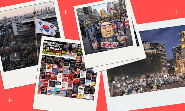 A collage of protest photos: A large crowd gathers with South Korean flags; multiple protest signs in Korean; a person holding a cut-out face in a crowd; people with candles at a nighttime vigil.