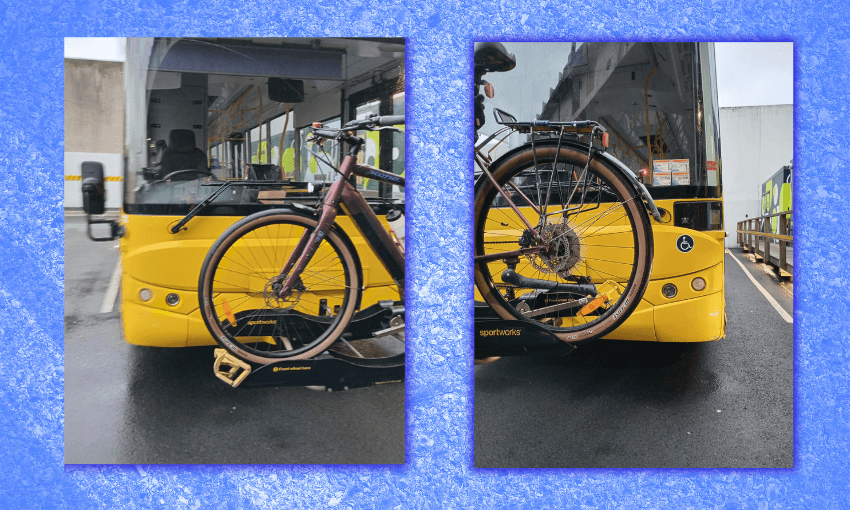 a blue textrued road background with a bike mounted on a yellow bus in wellington in better times