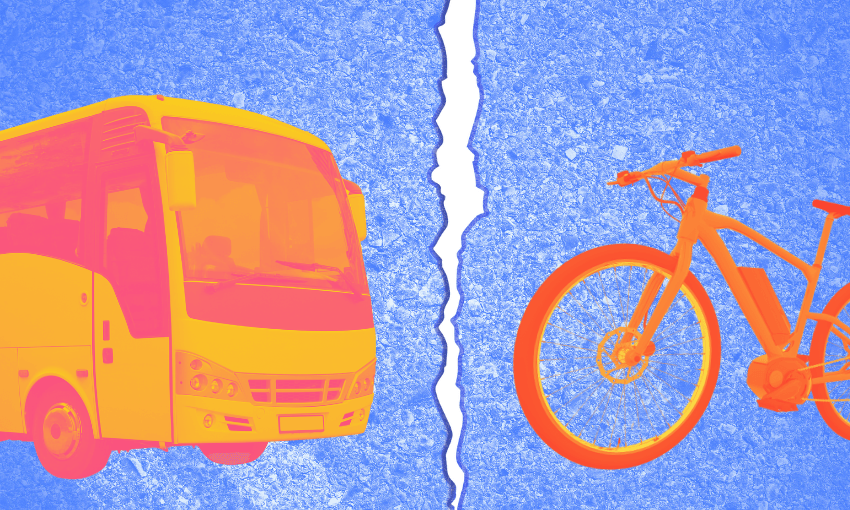 an orange and pink bike and an orange and pink bus on a textured road blue background with a rip in between them