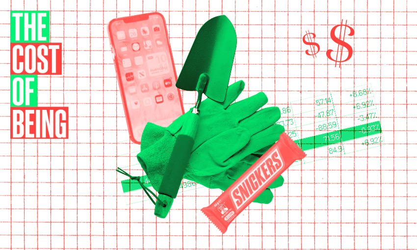 A stylised collage on a grid background featuring a phone, gardening gloves, a trowel, and a Snickers bar. Elements in red and green with text reading "The Cost of Being" and dollar signs, alongside numerical calculations.