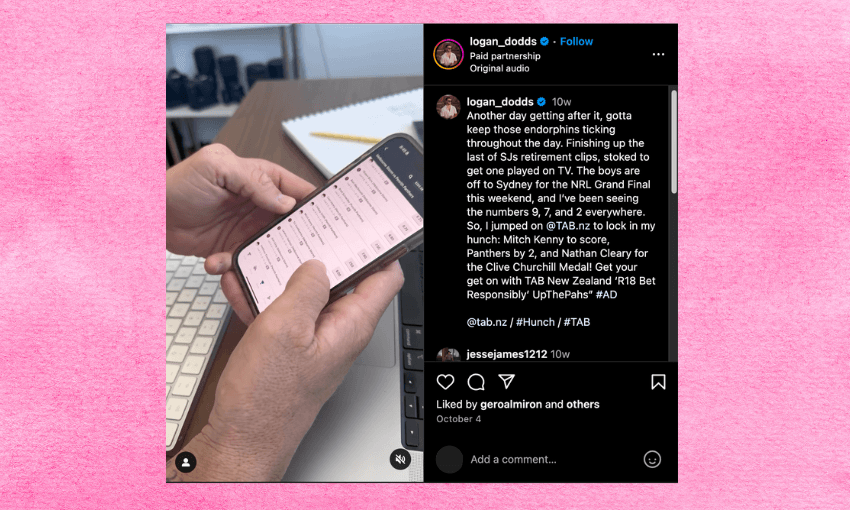 a pink background and screenshot of an instagram post showing someone using the TAB app