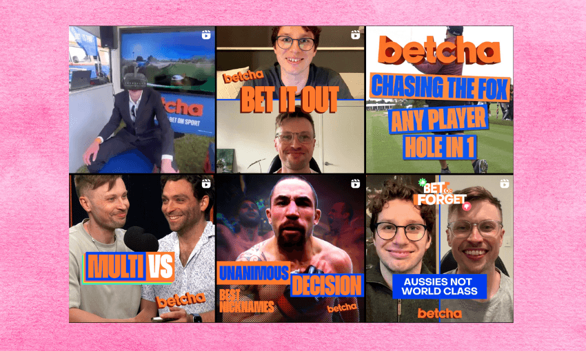 a pink background with lots of blue and yellow betcha logos and smiley influencers