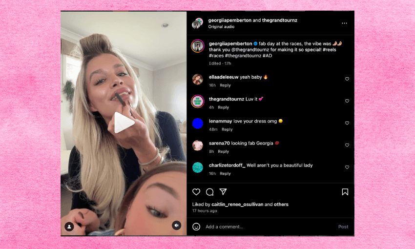 a woman applies makeup in a screenshot of an instagrm post discussing going to the races 