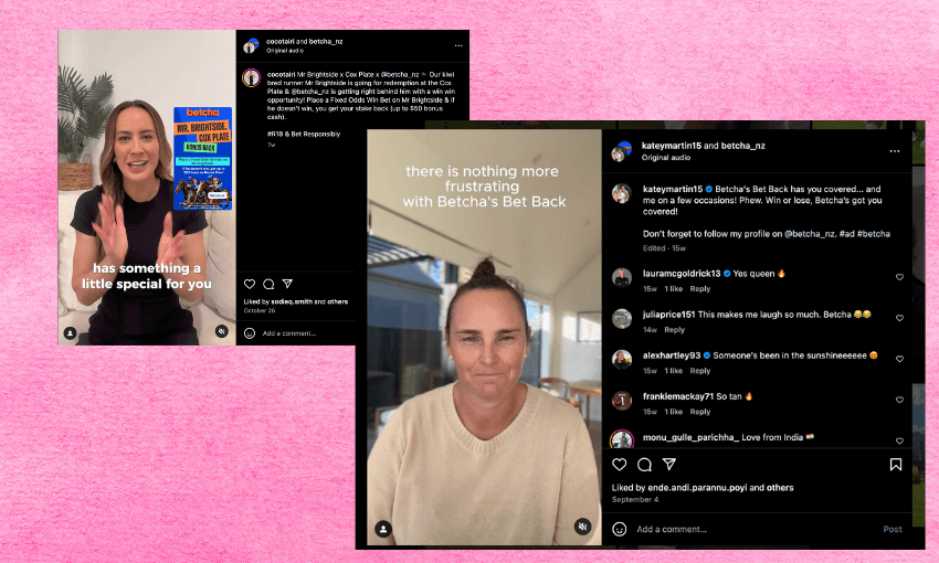 a pink background with screenshots of cocotairi and katey martin's instagram accounts with paid betcha partnerships