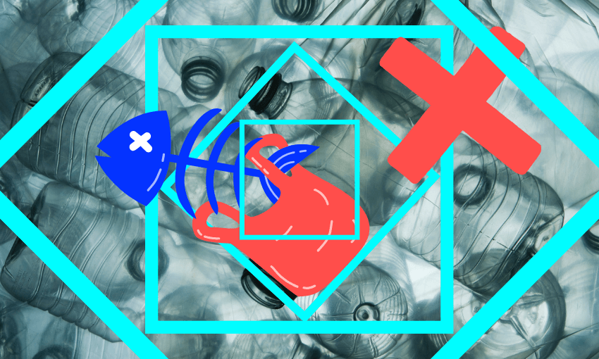 a background of gclear plastic bottles with aquamarine tesselating squares and a dead blue fish caught in a plastic bag