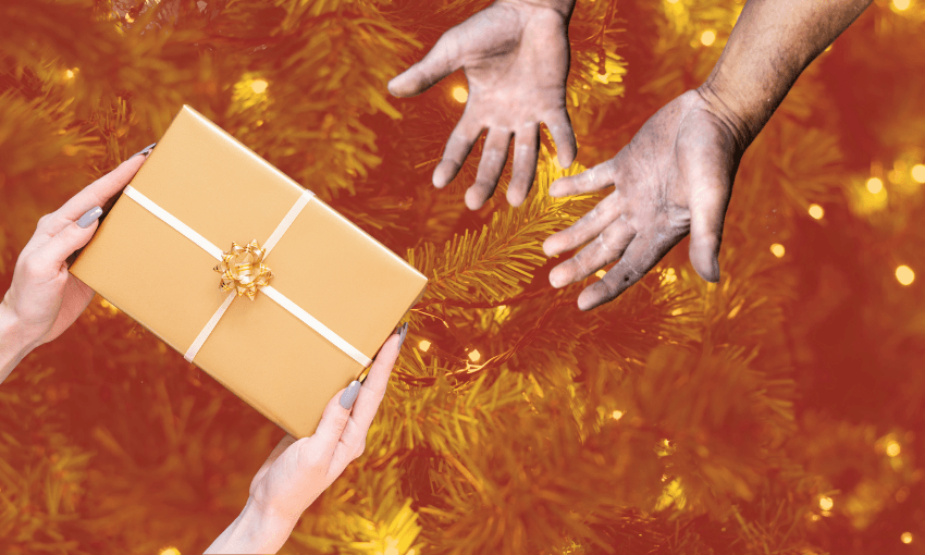 a christmas tree background, one set of hands holding a present while another set of hands look dirty, tired and empty