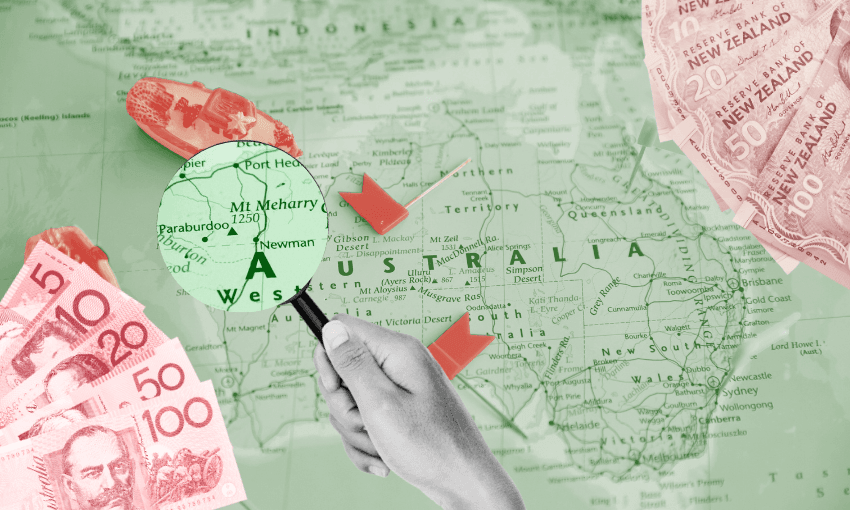 A hand holding a magnifying glass over a map of Australia. Australian and New Zealand dollar bills are scattered on the map.