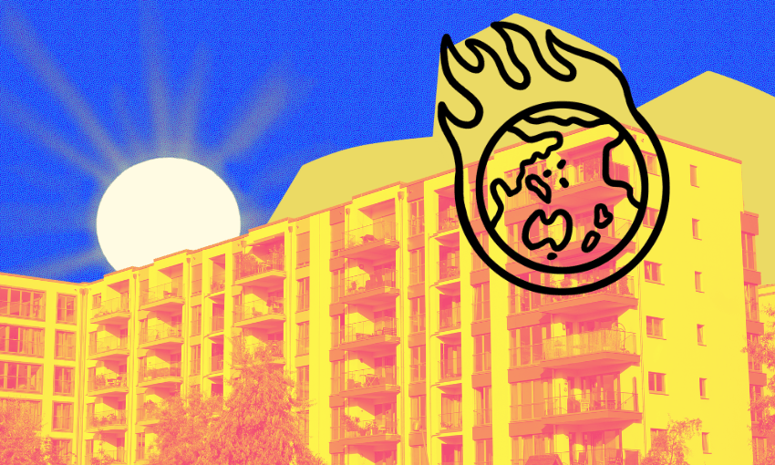 orange toned apartments with the sun and a world on fire icon behind them