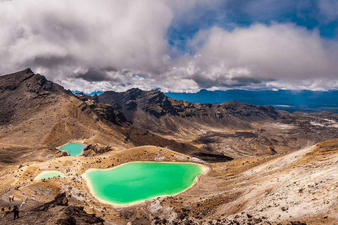 Bright green emerald lakes on a dry rocky mountain