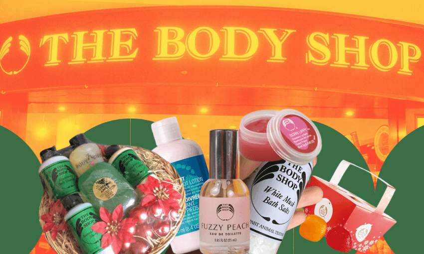 A variety of Body Shop products, including peppermint foot lotion, fuzzy peach perfume and lip balms, are displayed. They are set against a backdrop featuring the illuminated sign of The Body Shop store.