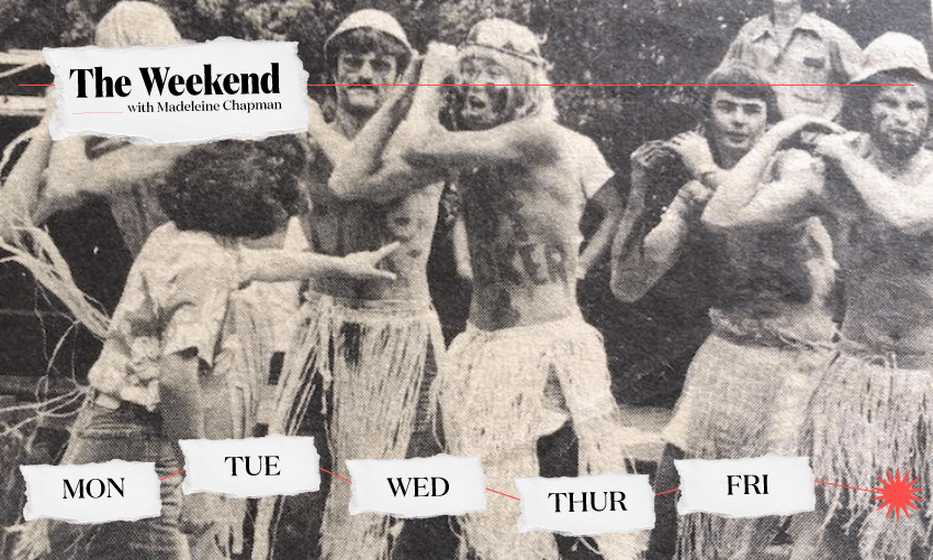 A group of Pākeha young men with straw skirts and no shirts perform a mocking haka. in the foreground a woman points at them in anger. The photos is black and white