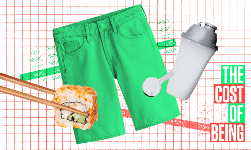 Collage of green shorts, sushi held with chopsticks, protein shaker, and a scoop of protein powder on a financial graph background. Text on the right reads "The Cost of Being." The graph has red and green lines with percentages.