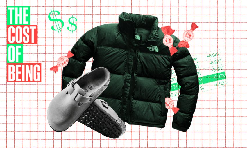 A dark green puffer jacket and a pair of grey clogs are placed on a grid background. The words "The Cost of Being" and dollar symbols are on the left, with chocolates and numbers scattered around.