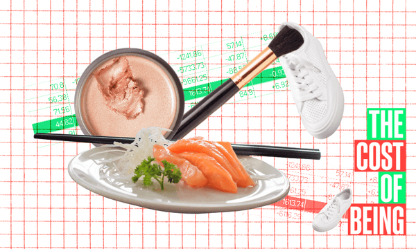 A collage featuring a plate of salmon sashimi, chopsticks, makeup, a makeup brush, a white sneaker, and overlaying financial data on a grid background. The text "THE COST OF BEING" is displayed on the side.