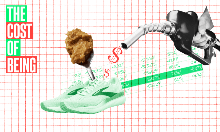 A collage featuring a gas pump nozzle, peanut butter on a spoon, and a green athletic shoe. Text reads "The Cost of Being." A red grid background contains financial figures with dollar signs.