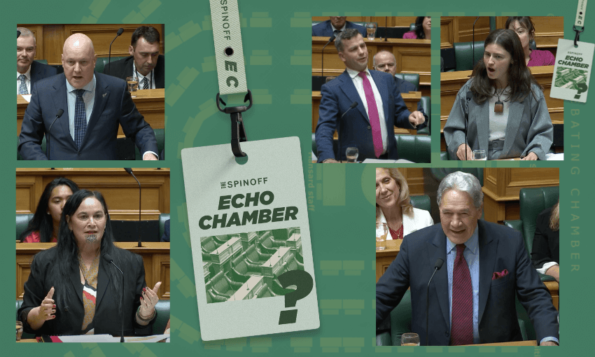 Collage of politicians speaking in a chamber with serious expressions. The background features a green design with a card labeled "The Spinoff Echo Chamber".