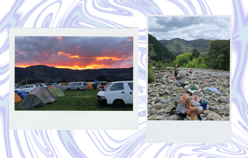 Two polaroid-style photos side by side. The left photo shows a campsite at sunset, with vibrant orange and red clouds illuminating the sky above tents, vans, and rolling hills in the background. The right photo features people sitting on a rocky riverbank, surrounded by lush green hills and trees, with a clear river flowing nearby under a cloudy sky.