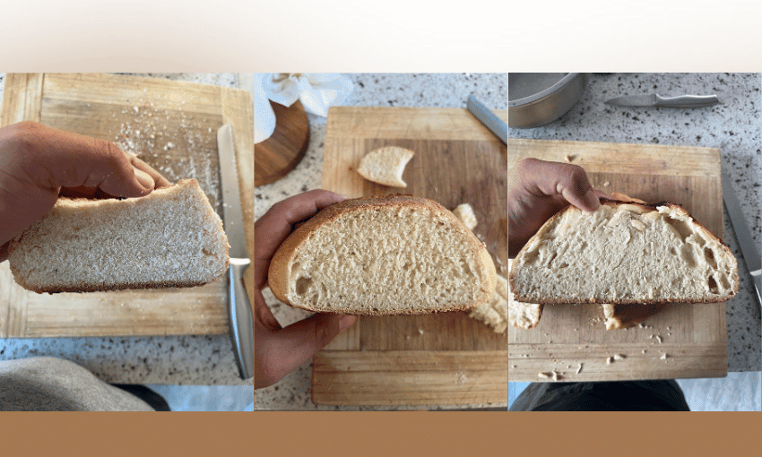 Three close-up images show hands holding slices of freshly baked bread over a wooden cutting board. The bread has a light brown crust and a soft, airy crumb. A knife and more bread pieces are visible on the speckled countertop.