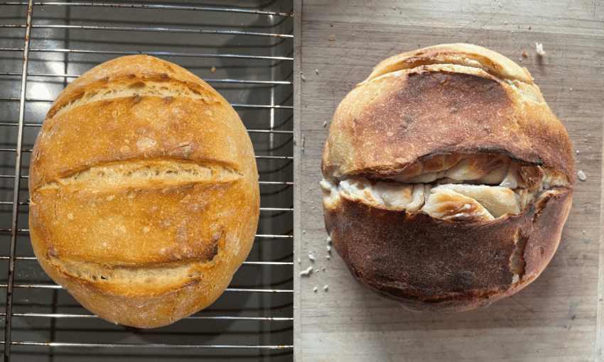 Two loaves of bread are shown side by side. The left loaf is round with smooth, golden crust and three slashes. The right loaf is darker with a more rustic appearance, featuring wide splits revealing a soft interior.