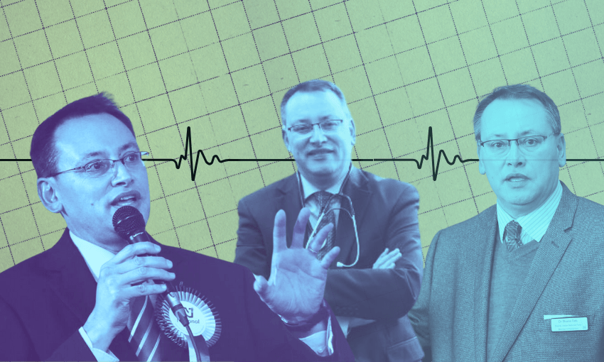 Three images of the same man, Shane Reti, in formal attire, one with a microphone and election ribbon, are in front of a background featuring an electrocardiogram line on graph paper. The overall colour tone is teal and green.