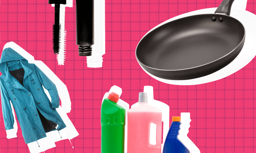 a pink background with different items like mascara a non stick pan a raincoat and cleaning products with kind a vibrant white shadows
