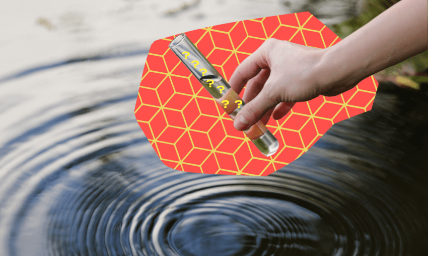 a water background with someone taking a sample of water in a test tube and a zany spinoff red and yellow geometric backkground behind the water