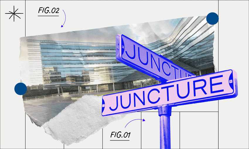 A collage-style graphic featuring a street sign with the word 'JUNCTURE' in bold blue and pink lettering, positioned against a modern glass building. The background includes torn paper textures, abstract shapes, and labeled elements like 'FIG.01' and 'FIG.02,' with arrows connecting different sections. The composition has a futuristic and layered aesthetic.