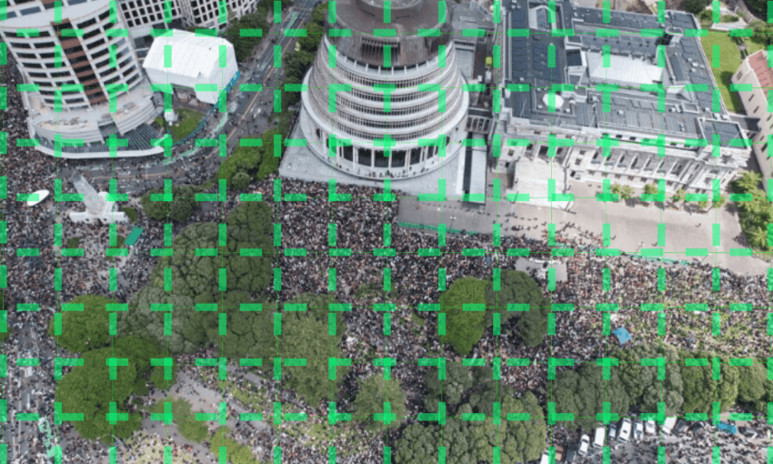 Original drone image of hikoi by Keelan Walker. 
