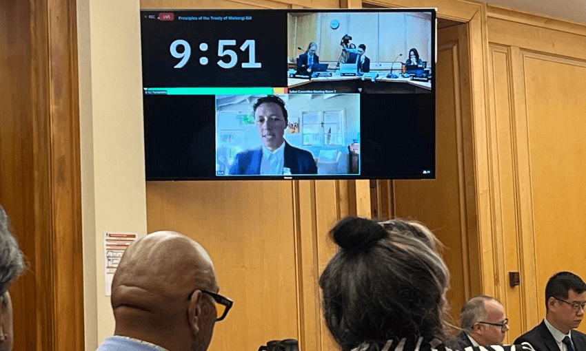 Former Labour minister Kiri Allan speaks to the select committee via a TV zoom call. She is wearing a suit. In the foreground are members of the justice committee