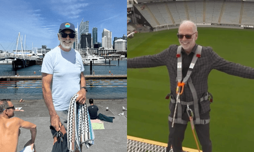 Wayne Brown, wearing sunglasses smiles by the Karanga Plaza Harbour Pool on the left; on the right, Wayne Brown wearing a safety harness, stands with arms outstretched smiling inside a stadium.