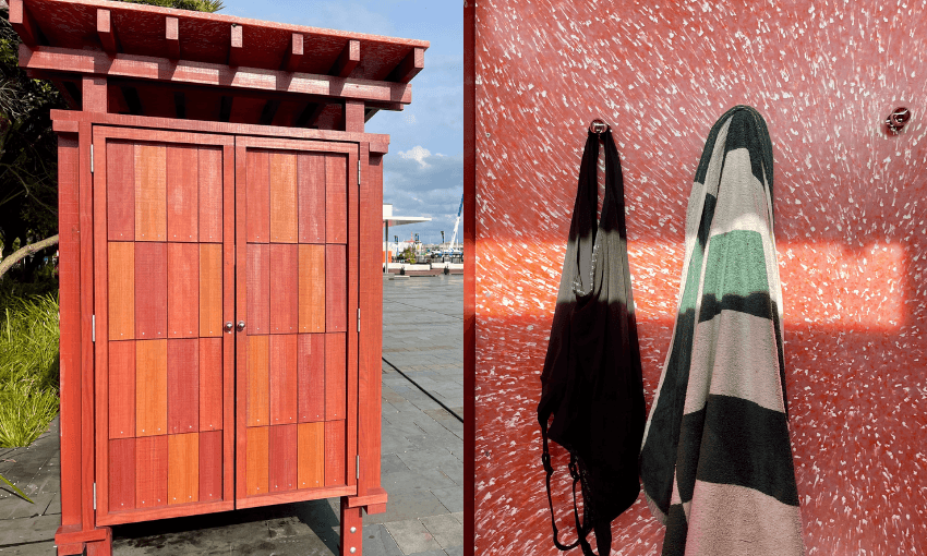 Left side: A small red wooden changing shed with a slatted roof. Right side: a towel and pair of women's togs hanging inside a the red speckled changing shed, with light casting shadows.