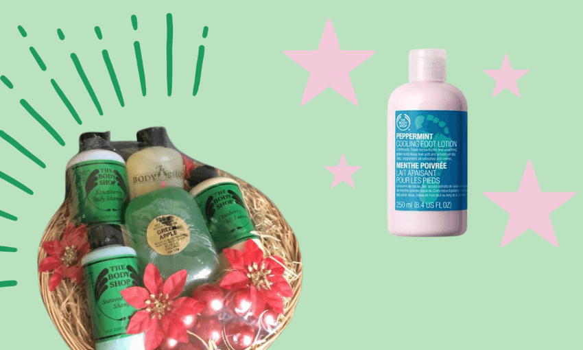 A Christmas gift basket with various Body Shop lotions and soaps, and a separate bottle of peppermint cooling foot lotion against a green background with pink stars.