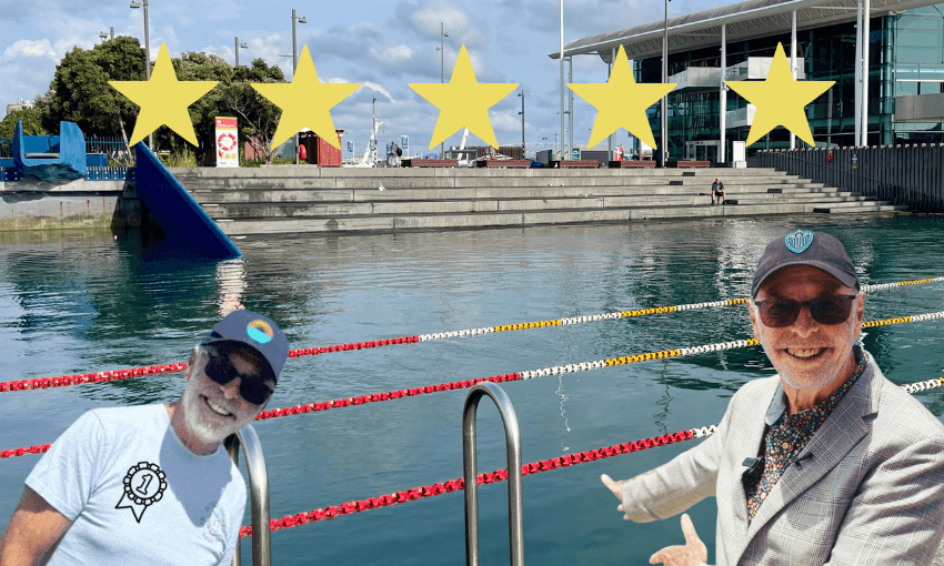 Wayne Brown in a t-shirt and Wayne Brown in a suit, wearing sunglasses and hats, imposed on background of the pool at Karanga Plaza under five large yellow stars.