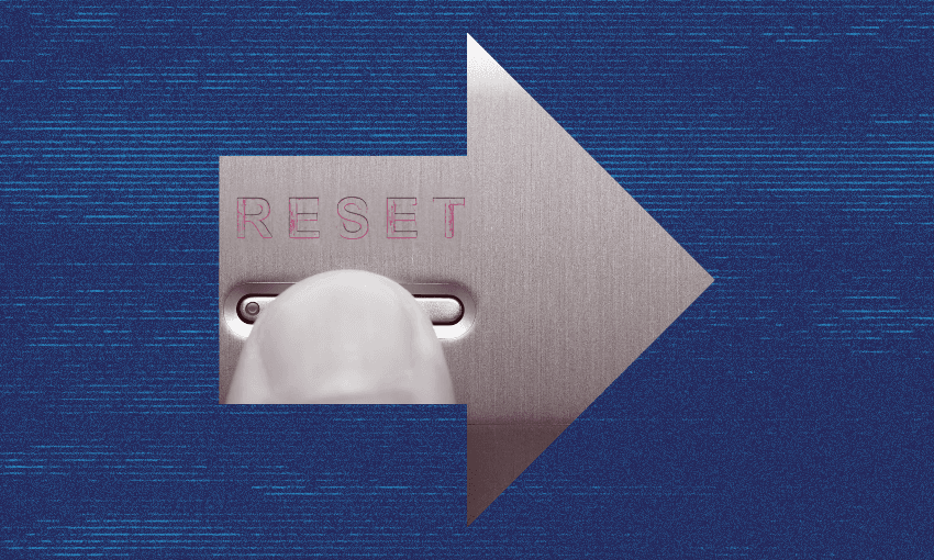 Close-up of a finger pressing a "Reset" button on a metallic surface. The image is shaped like an arrow pointing to the right, set against a textured blue background.
