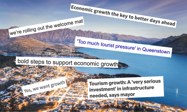 A scenic view of Queenstown with several text overlays, including phrases like "Economic growth the key to better days ahead" and "Too much tourist pressure in Queenstown," discussing tourism and economic growth.