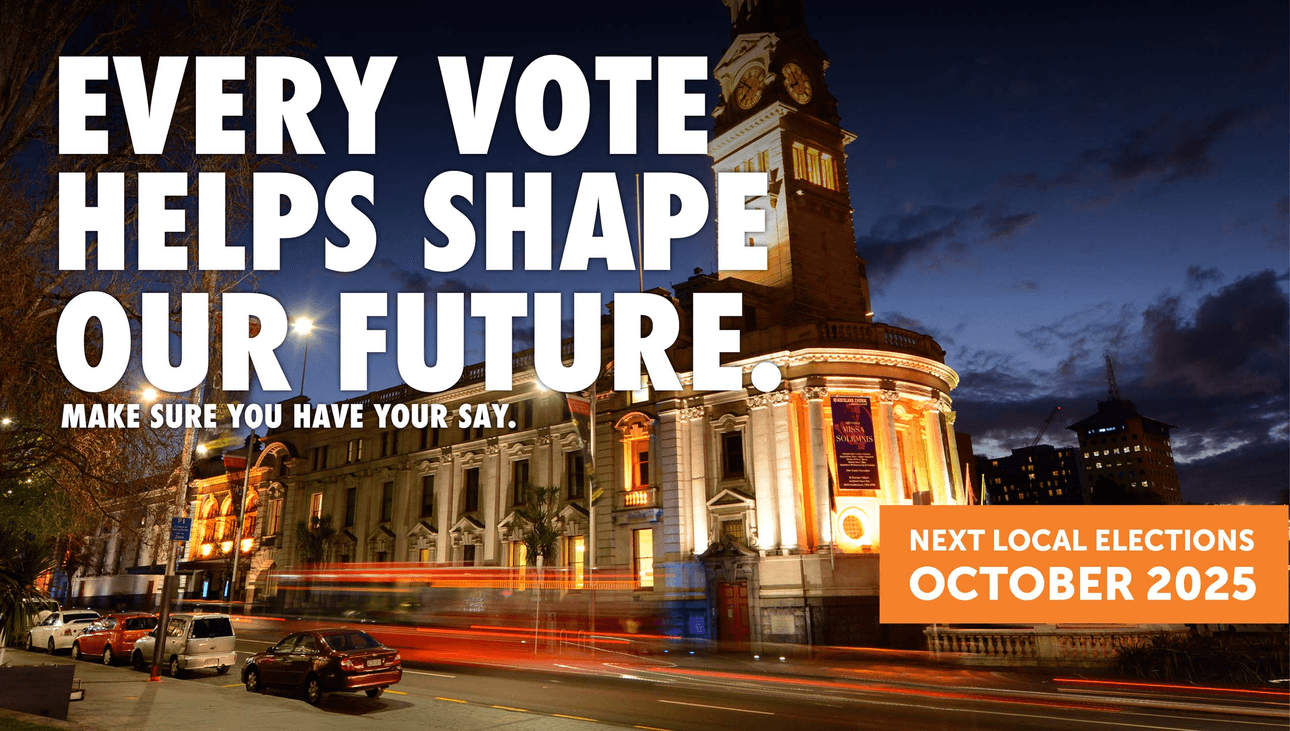 A street scene at dusk with a lit-up historic building and the text: "Every vote helps shape our future. Make sure you have your say. Next local elections October 2025.